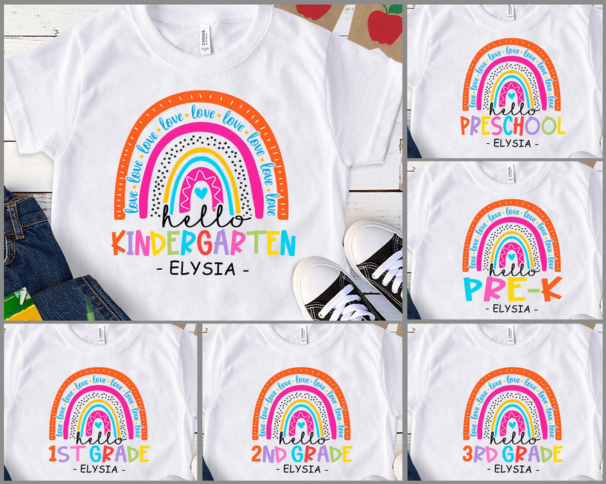 Personalized T-Shirt For Kids Back To School Hello Kindergarten Love Rainbow Heart Printed Custom Name & Grade Level