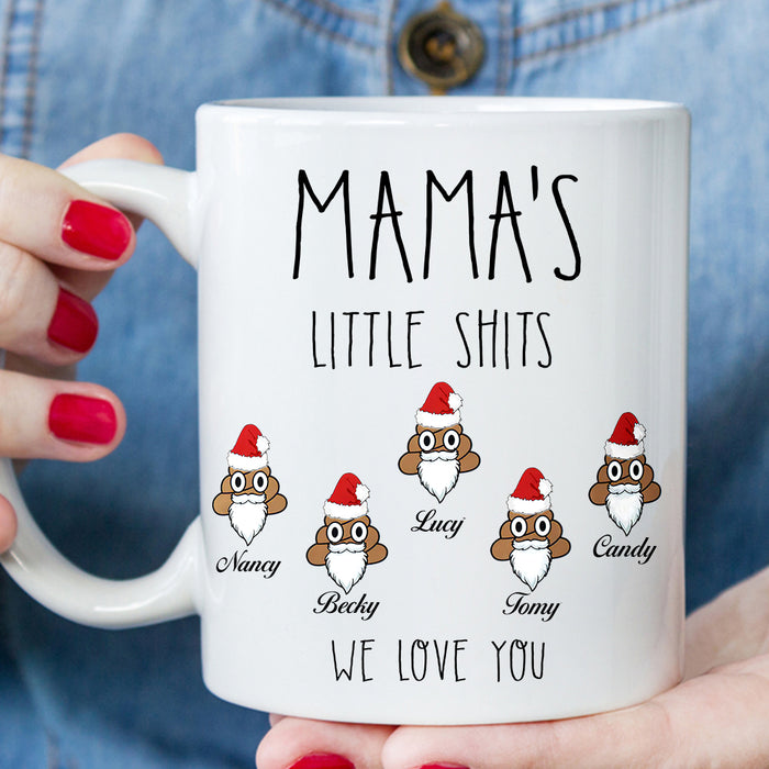Personalized 11Oz 15Oz Coffee Mug For Mom Grandma Mama's Little Shits Funny Shit With Santa Hat Printed Custom Kids Name