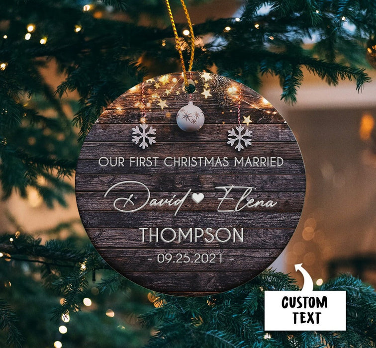 Personalized Newlywed Ornament Our First Christmas Married Print Snowflake & Lights Wooden Background Custom Names Date