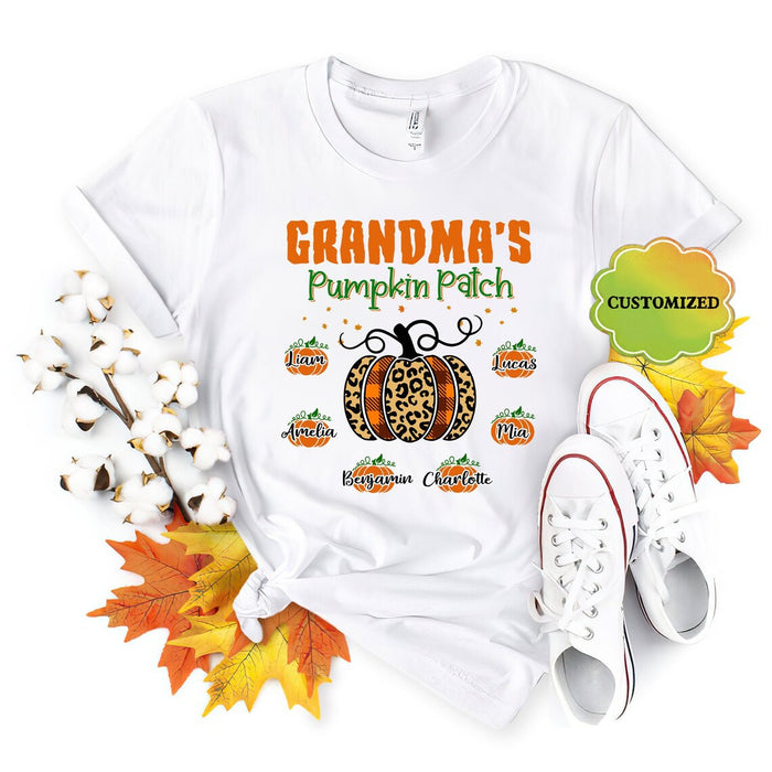 Personalized T-Shirt Grandma's Pumpkin Patch Plaid Leopard Orange Pumpkin Custom Grandkid's Name Fall Shirt