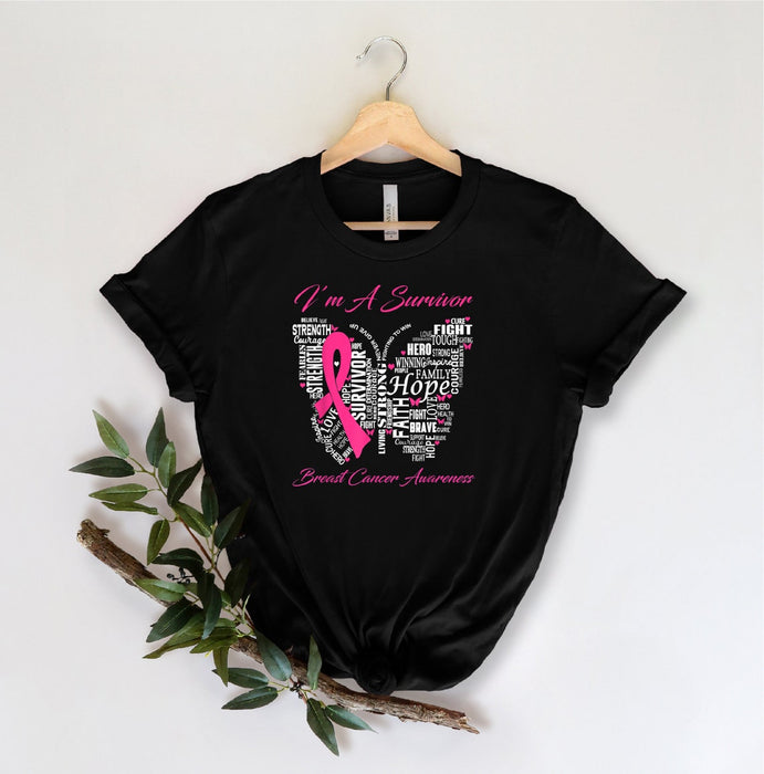 I'm A Survivor Breast Cancer Awareness Butterfly Shirt For Girl Women Pink Ribbon Shirt Nobody Fights Alone Tee Graphic
