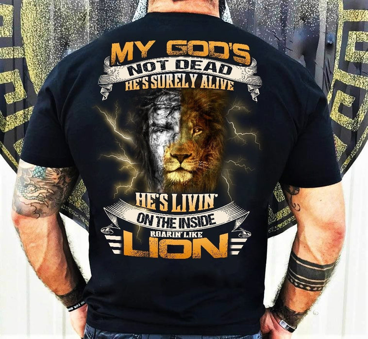 Classic T-Shirt For Men My God's Not Dead He's Surely Alive He's Livin On The Inside Print Old Lion & Jesus Retro Design
