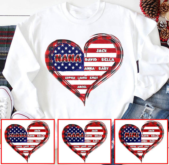 Personalized Sweatshirt & Hoodie For Grandma Nana Heart American Flag Printed Custom Grandkids Name