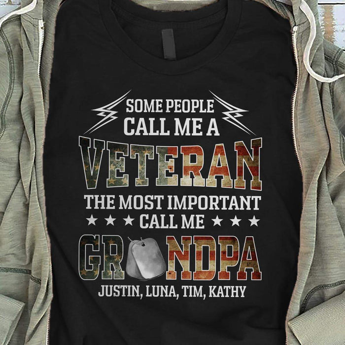Personalized T-Shirt For Grandpa Some People Call Me A Veteran American Flag & Dog Tag Printed Custom Grandkid's Name