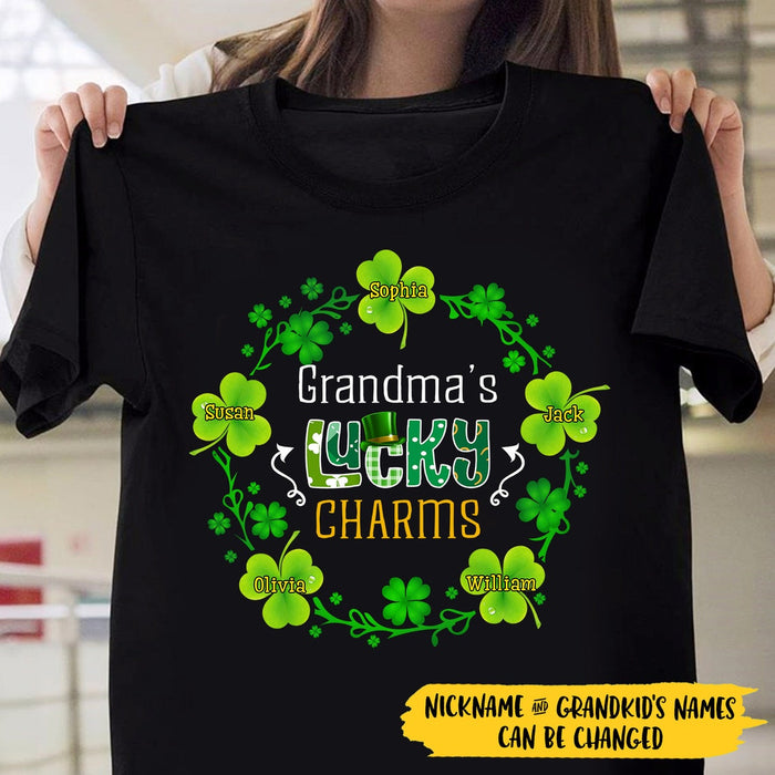 Personalized Patrick's Day T-Shirt Grandma's Luck Charms Shamrock Wreath Printed Custom Grandkids Name