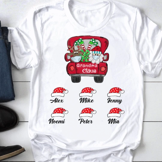 Personalized T-Shirt Grandma Claus Cute Red Truck Reindeer & Santa Claus Wearing Mask Printed Custom Grandkids Name