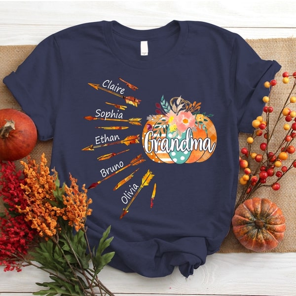 Personalized T-Shirt For Grandma Plaid Polka Dot Pumpkin Flower Printed Custom Grandkids Name