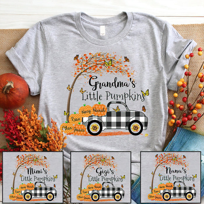 Personalized T-Shirt Grandma's Little Pumpkin Checkered Truck Autumn Shirt Custom Grandkid's Name Shirt For Halloween
