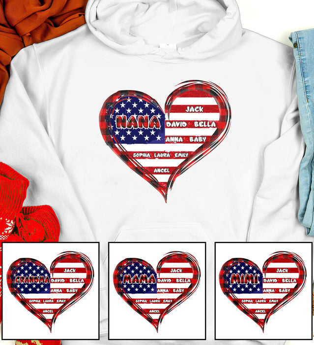 Personalized Sweatshirt & Hoodie For Grandma Nana Heart American Flag Printed Custom Grandkids Name
