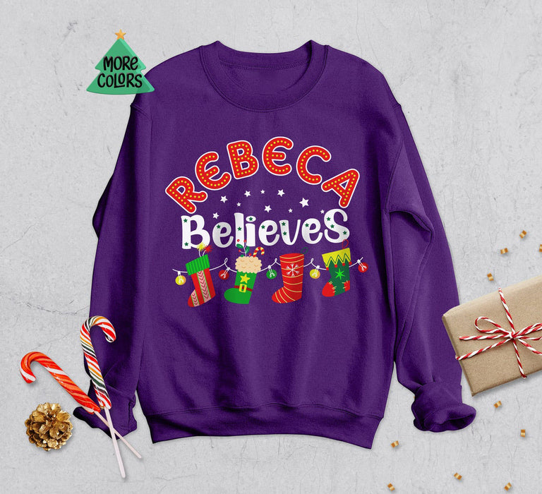 Personalized Christmas Matching Sweatshirt & Hoodie For Family Custom Name Believes Colorful Socks Printed