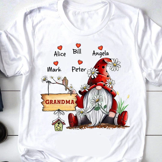 Personalized T-Shirt For Grandma Santa Gnome With Daisy & Heart Printed Custom Grandkids Name Shirt For Christmas