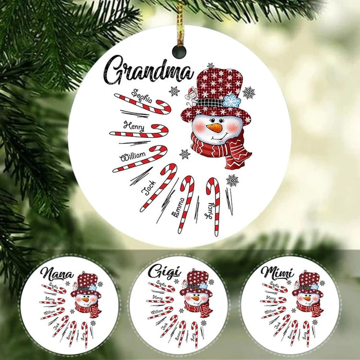 Personalized Circle Ornament For Grandma Nana Snowman And Candy Cane Printed Christmas Design Custom Grandkids Name