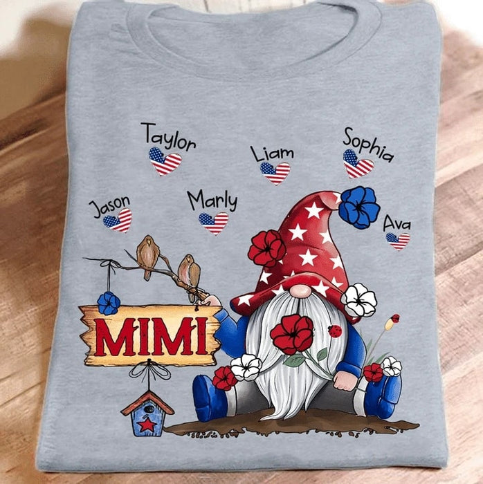 Personalized T-Shirt For Grandma Mimi Gnome Printed With Flower & Birds American Flag Art Design Custom Grandkids Name