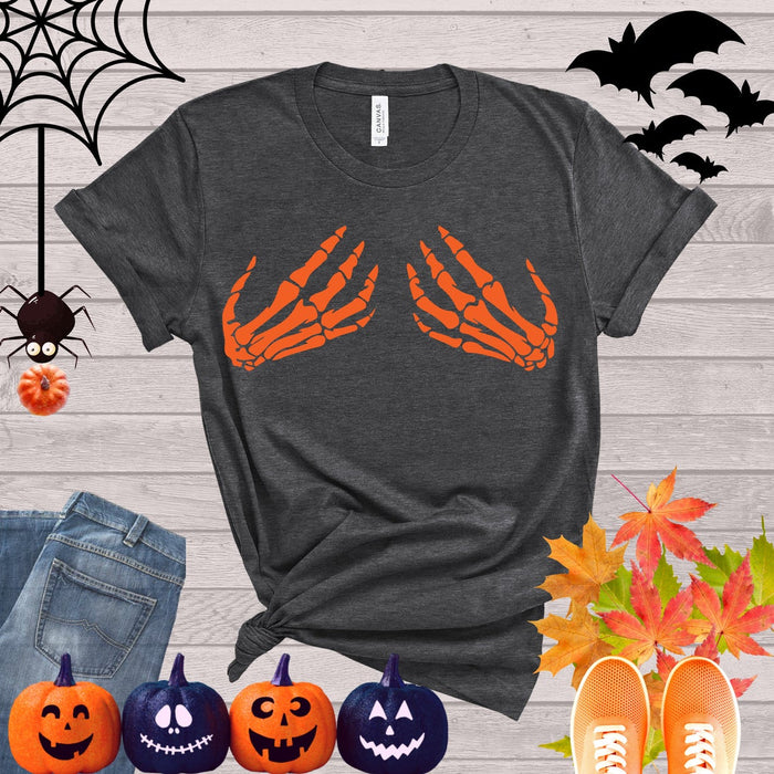 Classic Unisex T-Shirt For Halloween Skeleton Hand Shirt Funny Design Shirt Hand Bra Shirt For Men Women