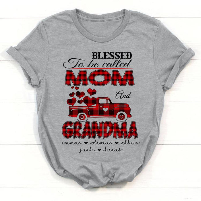 Personalized T-Shirt Blessed To Be Called Mom Grandma Red Plaid Truck & Heart Printed Custom Grandkids Name