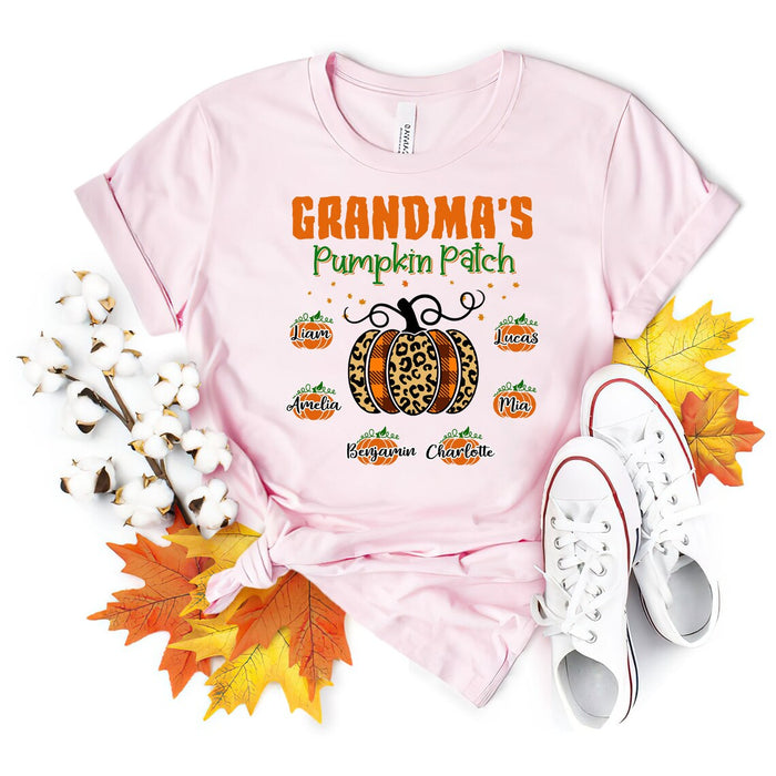 Personalized T-Shirt Grandma's Pumpkin Patch Plaid Leopard Orange Pumpkin Custom Grandkid's Name Fall Shirt