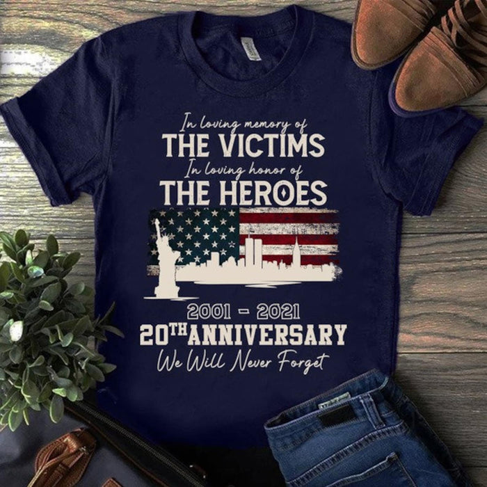 Classic Unisex T-Shirt 20th Anniversary September 11 2001 Never Forget US Flag Printed Memorial Shirt