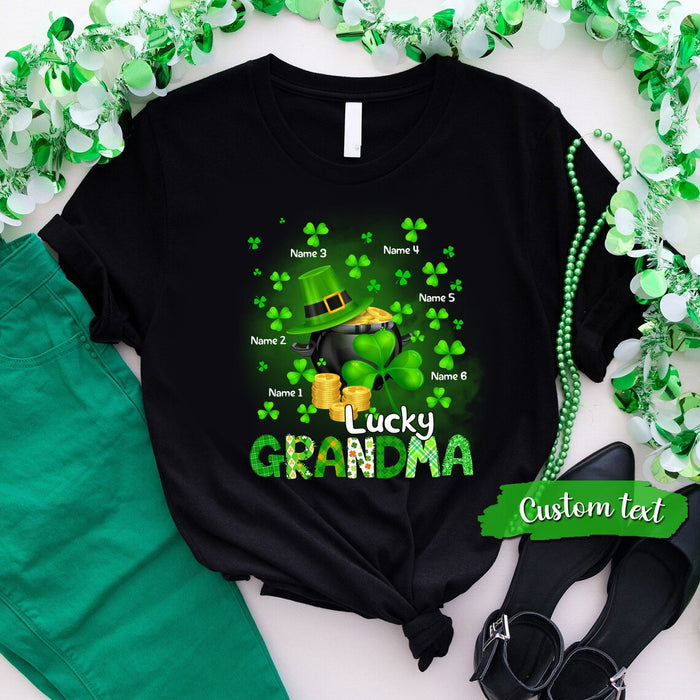 Personalized Patrick's Day T-Shirt Lucky Grandma Pot Of Coin & Shamrock Printed Custom Grandkids Name