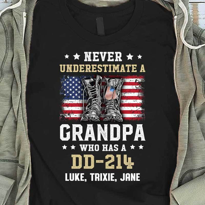 Personalized T-Shirt For Grandpa Never Underestimate A Grandpa Who Has A DD-214 Custom Grandkid's Name