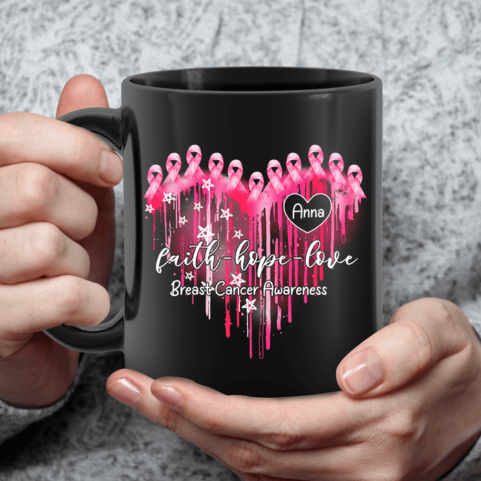 Personalized Ceramic Coffee Mug For Breast Cancer Awareness Dripping Heart & Ribbon Design Custom Name 11 15oz Cup