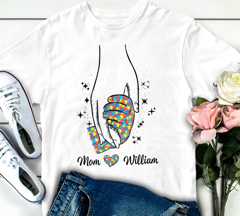 Personalized T-Shirt For Autism Mom Autism Hand In Hand Mom & Kid Puzzle Design Custom Name Autism Support Shirt