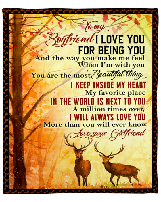 Personalized To My Boyfriend From Girlfriend Deer Couple Fleece Sherpa Blanket Custom Name I Love You For Being You