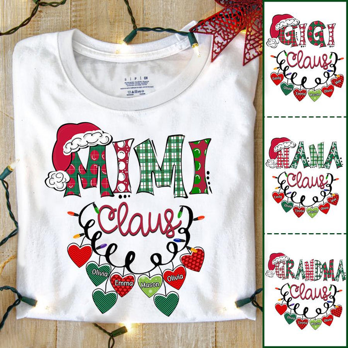 Personalized Christmas T-Shirt For Grandma Mimi Claus Colorful Hearts Buffalo Plaid Design Custom Grandkids Name