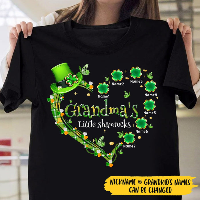Personalized Patrick's Day T-Shirt Grandma's Lucky Shamrocks Plaid Shamrock Heart Printed Custom Grandkids Name