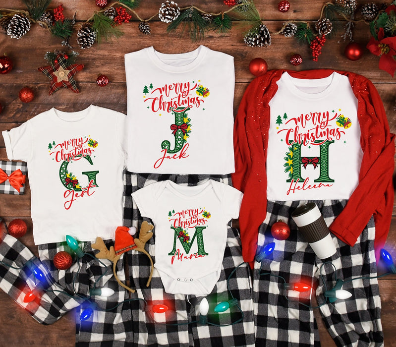 Personalized Merry Christmas Matching Family Tshirt Custom Initial Name Xmas Tee Classic Outfit Baby Kids For Holiday
