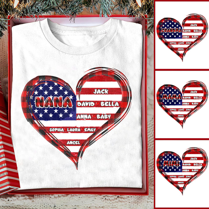 Personalized T-Shirt For Grandma Grandpa Nana Heart American Flag Printed Custom Grandkids Name Buffalo Plaid Design