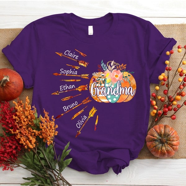 Personalized T-Shirt For Grandma Plaid Polka Dot Pumpkin Flower Printed Custom Grandkids Name