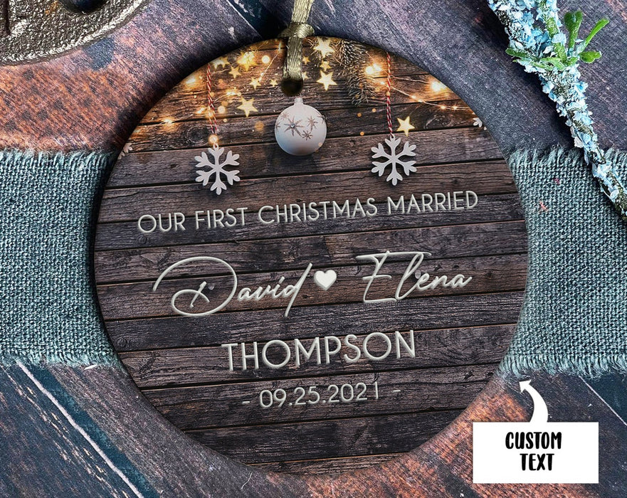 Personalized Newlywed Ornament Our First Christmas Married Print Snowflake & Lights Wooden Background Custom Names Date