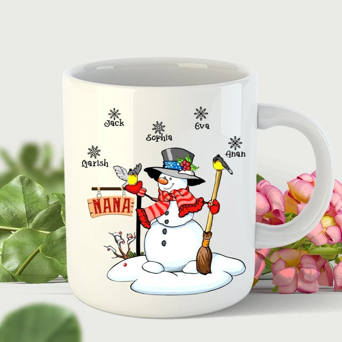 Personalized Coffee Mug For Grandma Nana Snowman With Hat Scarf & Broom Custom Grandkids Name 11Oz 15Oz Ceramic Mug
