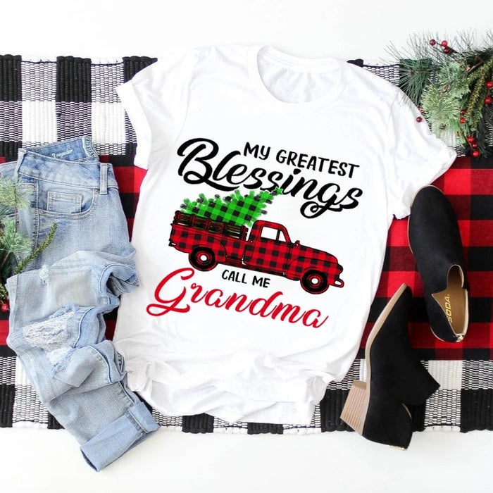 Personalized Christmas T-shirt My Greatest Blessing Call Me Grandma Red Truck With Tree Printed