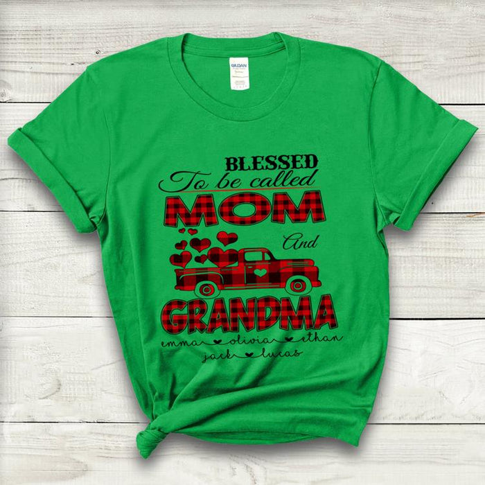 Personalized T-Shirt Blessed To Be Called Mom Grandma Red Plaid Truck & Heart Printed Custom Grandkids Name