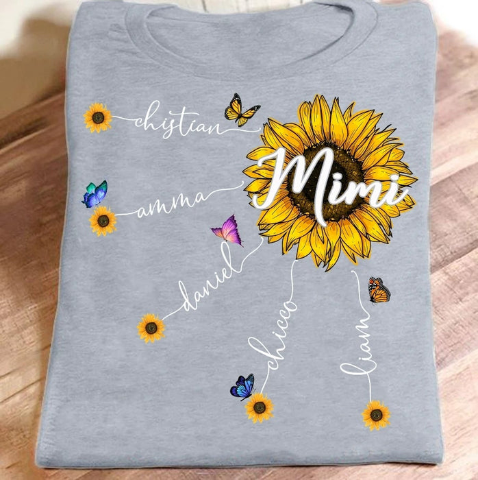 Personalized T-Shirt For Grandma Mimi Sunflower With Butterfly Printed Colorful Design Custom Grandkid's Name