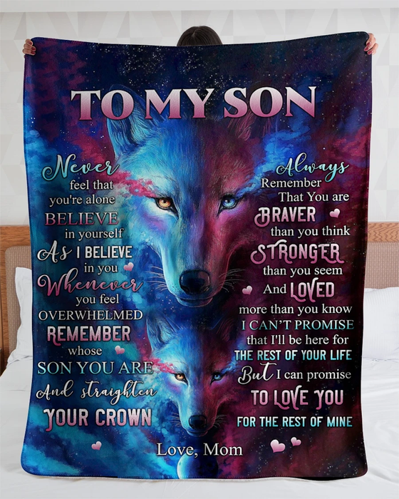 Personalized To My Son Never Feel That You Are Alone From Mom Wolves Galaxy Premium Flannel Throw Blanket Custom Name