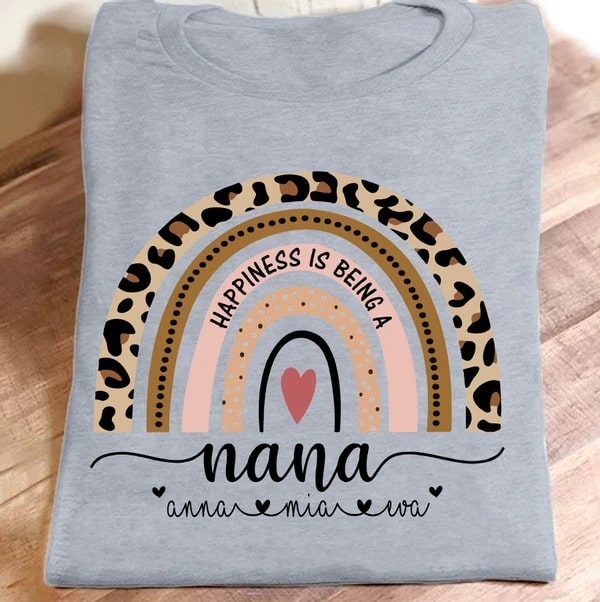 Personalized T-Shirt For Grandma Happiness Is Being A Nana Leopard Rainbow Heart Printed Custom Grandkids Name