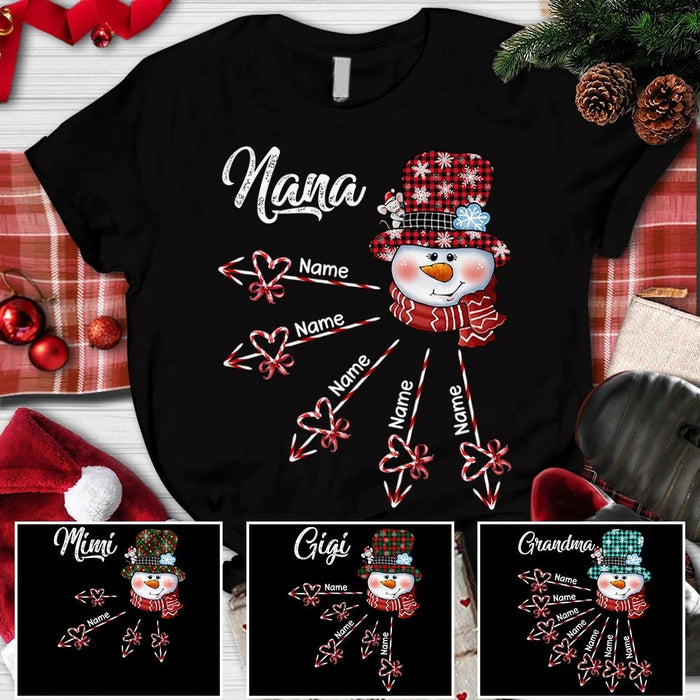 Personalized T-shirt For Grandma Nana Snowman With Heart Candy Cane Arrow Printed Christmas Shirt Custom Grandkids Name