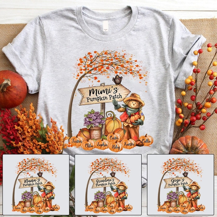 Personalized T-Shirt For Grandma Mimi's Pumpkin Patch Scare Crown With Pumpkin Autumn Design Custom Grandkids Name