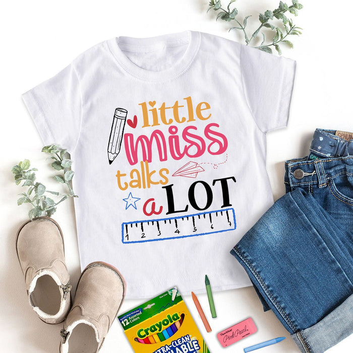 Classic T-Shirt For Kids Little Miss Talk A Lot Pencil Ruler Paper Plane Printed Funny Shirt Back To School Outfit