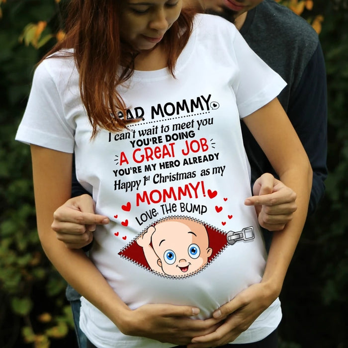 Personalized T-Shirt For Pregnancy Women Happy 1st Christmas As My Mommy Cute Baby With Hearts Printed Custom Nickname