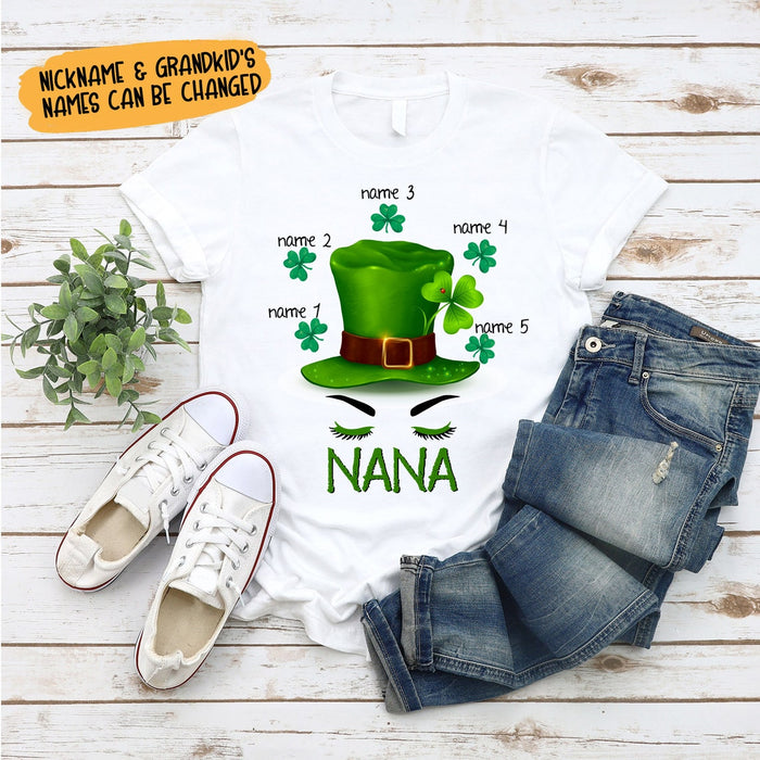 Personalized Patrick's Day T-Shirt For Grandma Nana Leprechaun & Shamrock Printed Custom Grandkids Name
