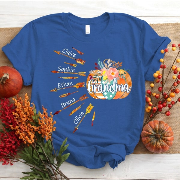 Personalized T-Shirt For Grandma Plaid Polka Dot Pumpkin Flower Printed Custom Grandkids Name