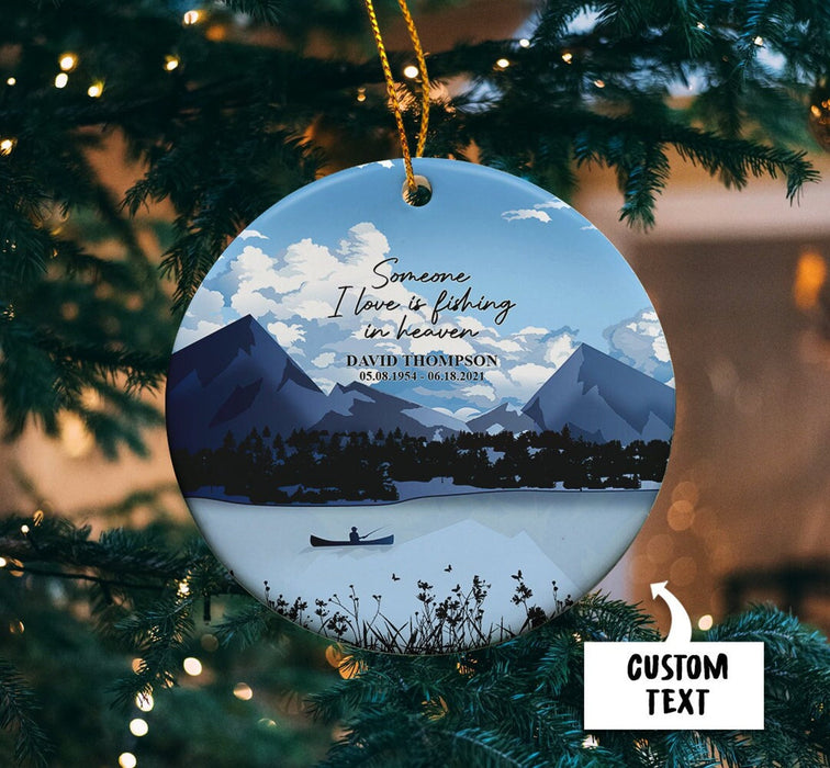 Perosnalized Memorial Ornament For Fishing In Heaven Fisherman On Lake Winter Loss Of Dad Ornament Custom Name And Date