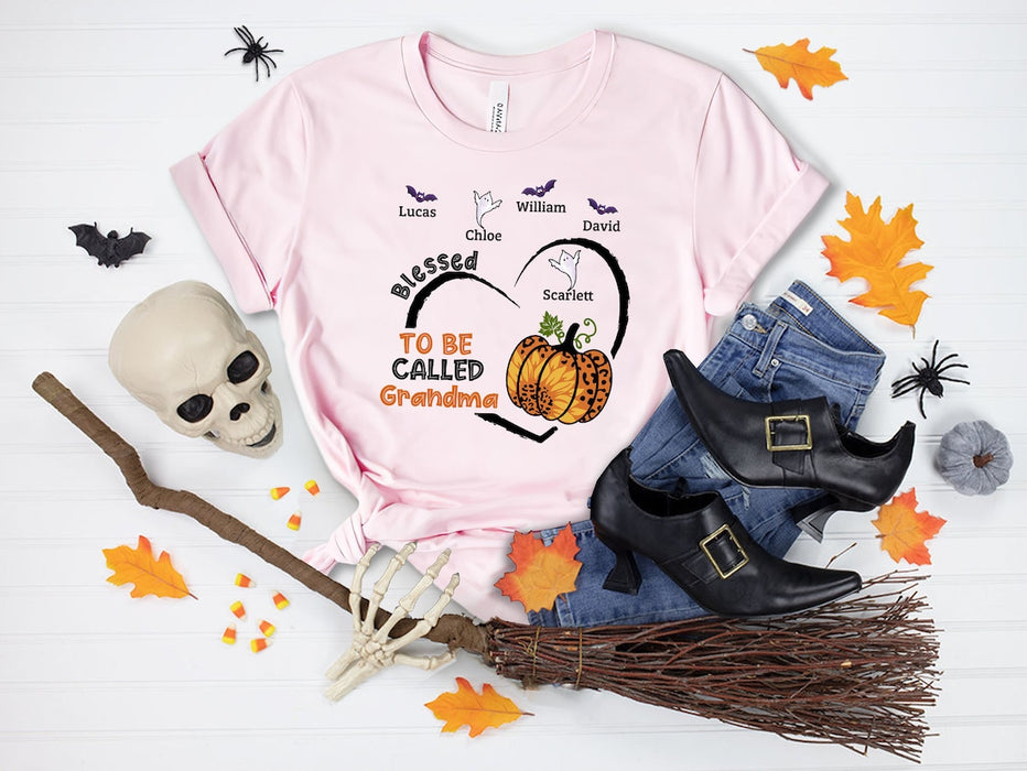 Personalized T-Shirt Blessed To Be Called Grandma Heart Pumpkin & Ghost Printed Custom Grandkid's Name Halloween Shirt