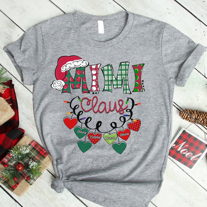 Personalized Christmas T-Shirt For Grandma Mimi Claus Colorful Hearts Buffalo Plaid Design Custom Grandkids Name