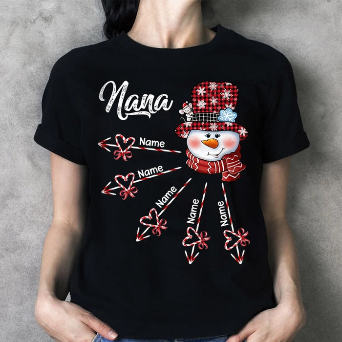 Personalized T-shirt For Grandma Nana Snowman With Heart Candy Cane Arrow Printed Christmas Shirt Custom Grandkids Name