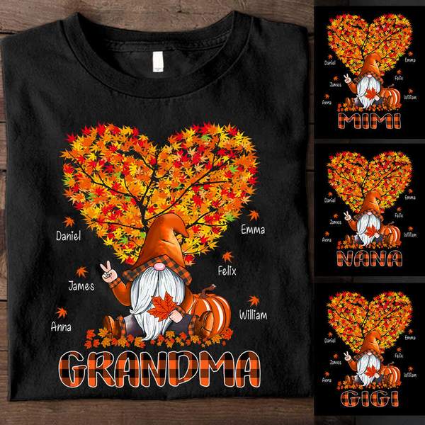 Personalized T-Shirt For Grandma Cute Gnome With Heart Tree And Falling Leaves Plaid Design Custom Grandkid's Name