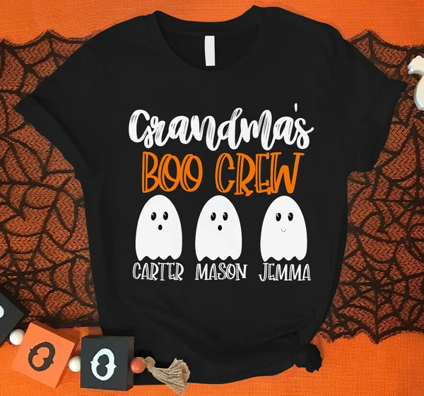 Personalized T-Shirt Grandma's Boo Crew Cute Ghost Printed Custom Grandkid's Name Halloween Shirt